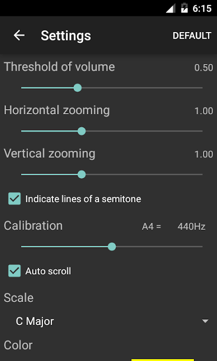 设置页：Calibration 滑杆下方的 Auto scroll 勾选框与 Scale 设置