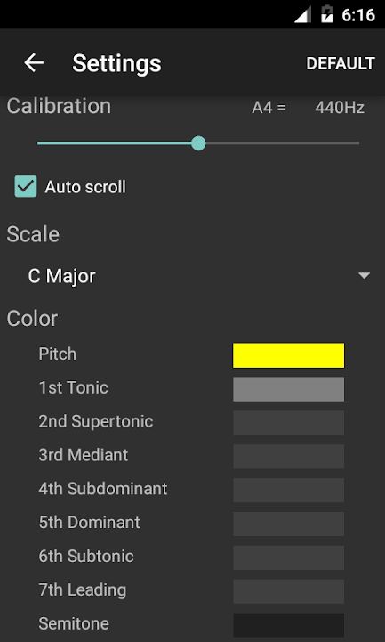 设置页颜色区：Pitch 黄色主色与 1st Tonic 到 7th Leading、Semitone 的配色列表